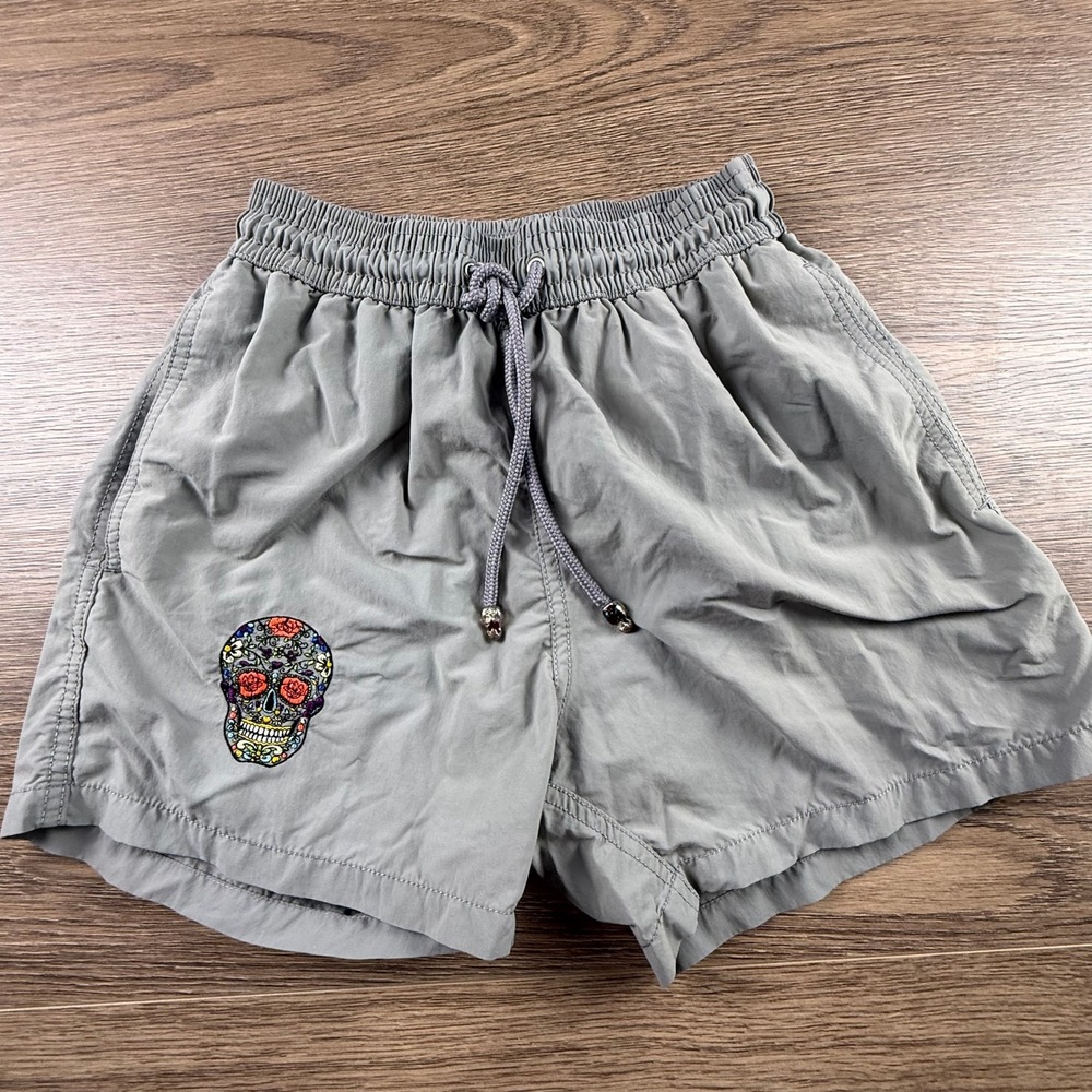 Les Canebiers Saint-Tropez Mens Grey Skull Embroidered Swim Trunks Shorts Size S